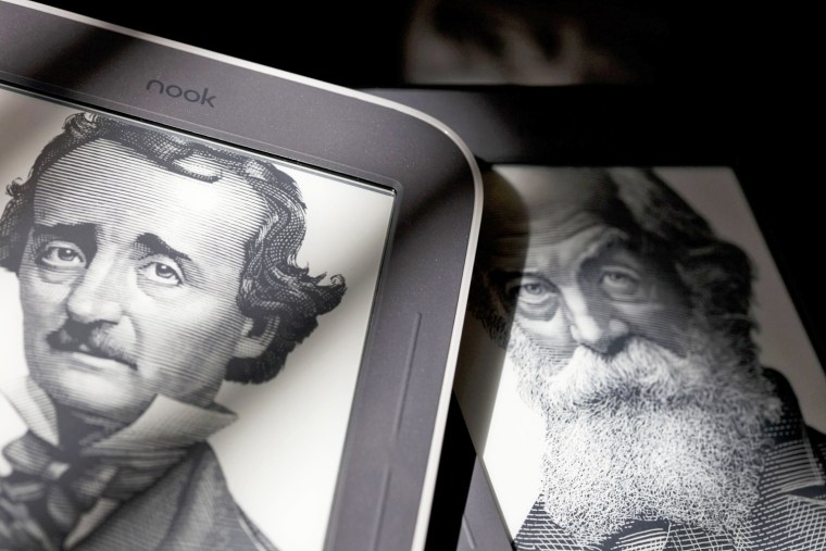 Portraits of Edgar Allan Poe and Walt Whitman are shown on the home screens of Nook readers from Barnes & Noble, which use technology developed by E I...