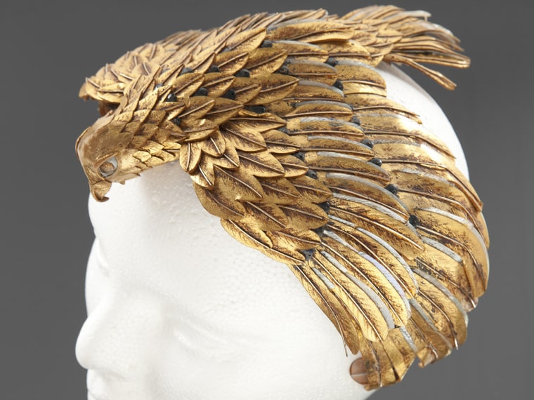 A falcon headdress worn by Elizabeth Taylor in the 1963 film \"Cleopatra\" is pictured in this undated handout photograph released to Reuters by Julien'...