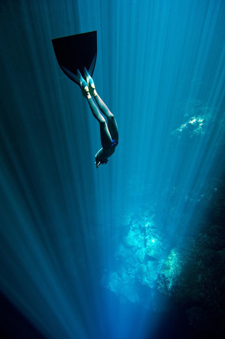 Freediving in the cenotes of the Yucatan Peninsula, Mexico, in July 2012.