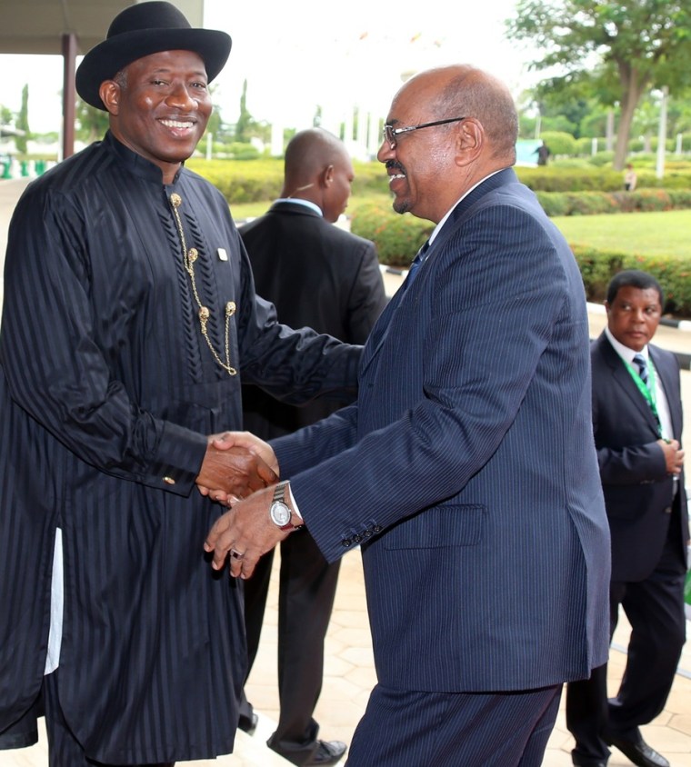 President of Nigeria Goodluck Jonathan, left, and Sudanese President Omar al-Bashir right, shake hands before an African Union summit on health focusing on HIV and AIDS.