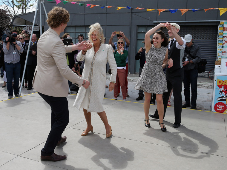 Image: Camilla dances with with Sam Johnson at a \"Dance-O-Mat\" in Christchurch, New Zealand on Nov. 16, 2012.