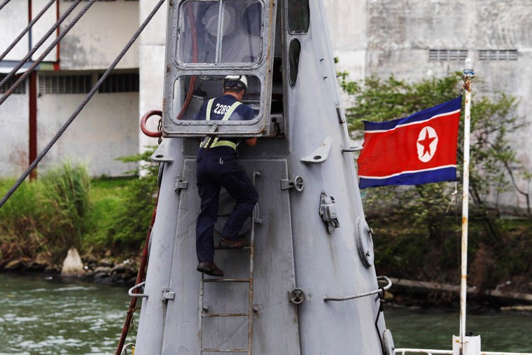 A worker inspects the North Korean-flagged ship Chong Chon Gang on Tuesday.
