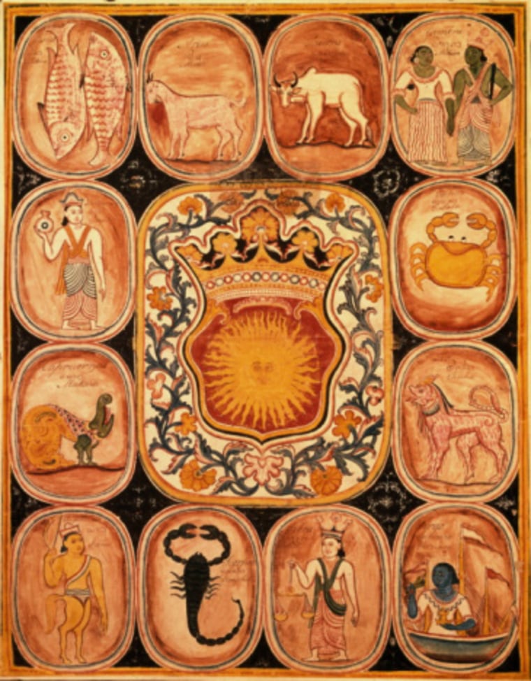 Eastern Zodiac chart with illustrations and inscriptions of signs in Singhalese with English translation