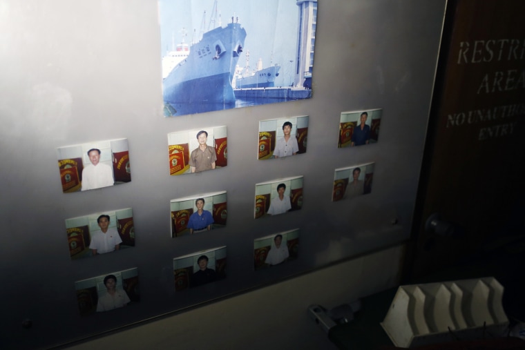 Portraits of crew members are seen in one of the rooms inside the Chong Chon Gang on Tuesday.