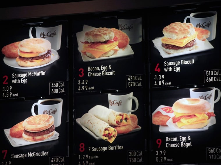Items on the breakfast menu, including the calories, are posted at a McDonald's restaurant, Wednesday, Sept. 12, 2012 in New York. McDonald's restaura...