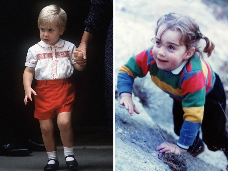 Too cute? Prince William and Duchess Kate are shown in their early years, wearing trousers and jumpers.