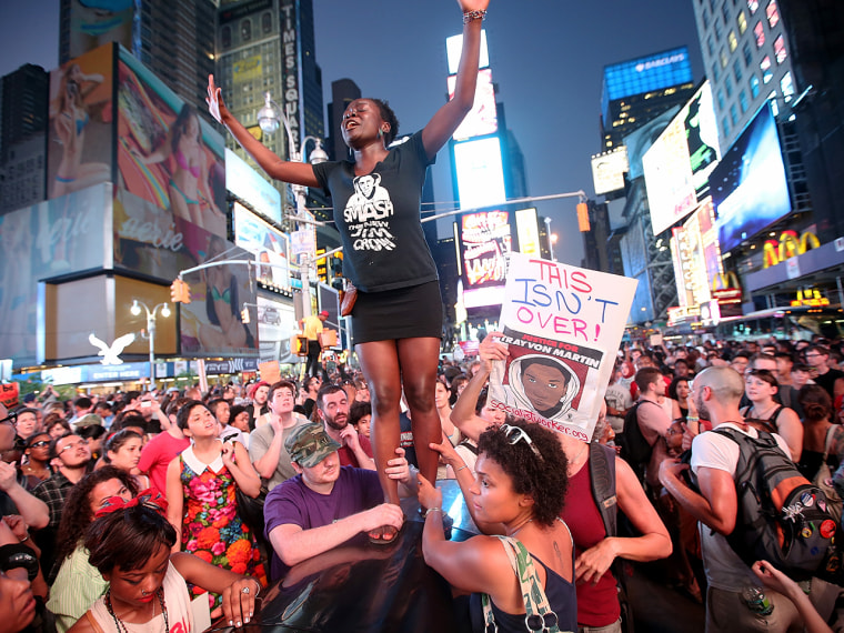 Trayvon Martin supporters rally in Times Square while blocking traffic in Manhattan on July 14, 2013.