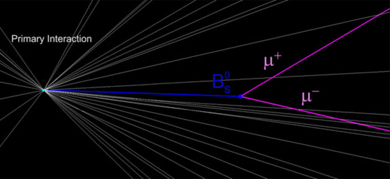 This diagram illustrates the collision of two protons inside the Large Hadron Collider, creating a spray of other particles, including a B_s meson (blue) that decays into two muons (purple).