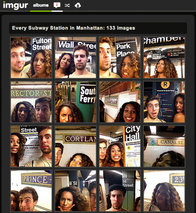 Screen shot of imgur page from couple who shot self-portraits in subway stations. Description on the page reads: Photos at every single Subway Station ...