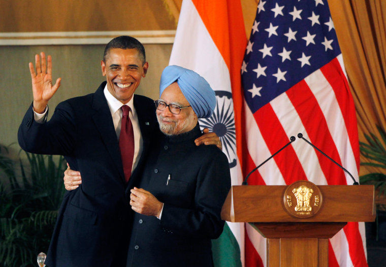 President Barack Obama and India's Prime Minister Manmohan Singh embrace during a news conference in New Delhi, India, on November 8, 2010. Obama has described the relationship between India and the U.S. as one of the