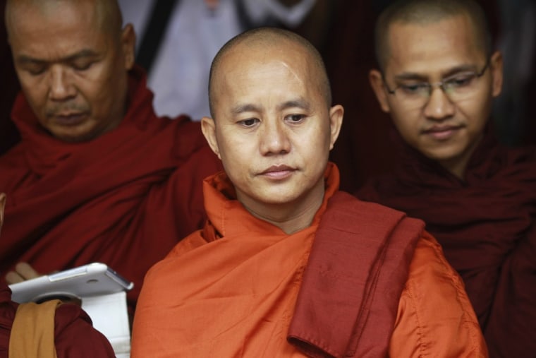 Buddhist monk Wirathu (center) attends a meeting at a monastery outside Yangon, Myanmar, on June 27.