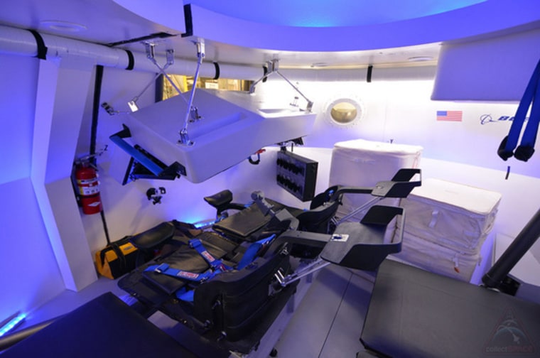 The view inside Boeing's mockup of its CST-100 commercial capsule designed to take astronauts to low Earth orbit.