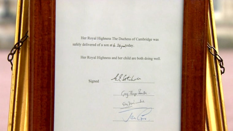 Holding to tradition, the birth announcement was written on official Buckingham Palace letterhead and driven to the palace, where it was placed on the same easel used to announce Prince William’s birth 31 years ago.