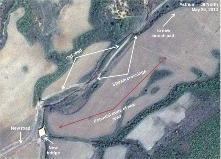 This May 26, 2013 satellite image taken by Astrium, and annotated and distributed by 38 North shows a new road to the new launch pad which also remains unfinished at the Tonghae facility in North Korea.