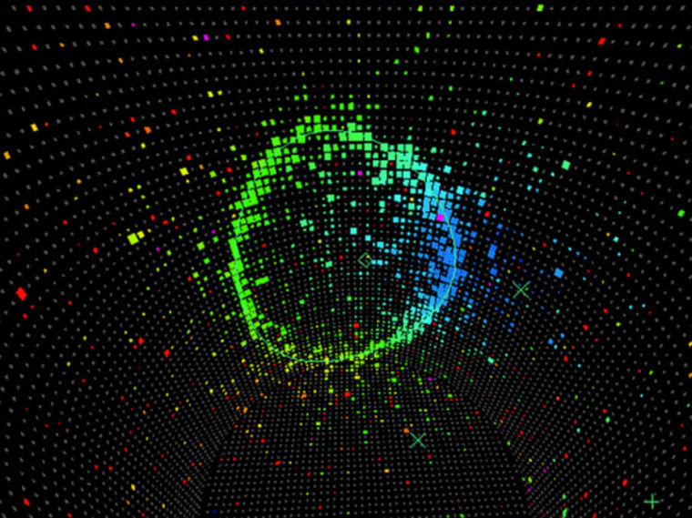 A candidate electron neutrino appears in the Super Kamiokande particle detector in Japan like this. In July 2013 researchers announced they'd definitively measured muon neutrinos oscillating flavor into electron neutrinos.