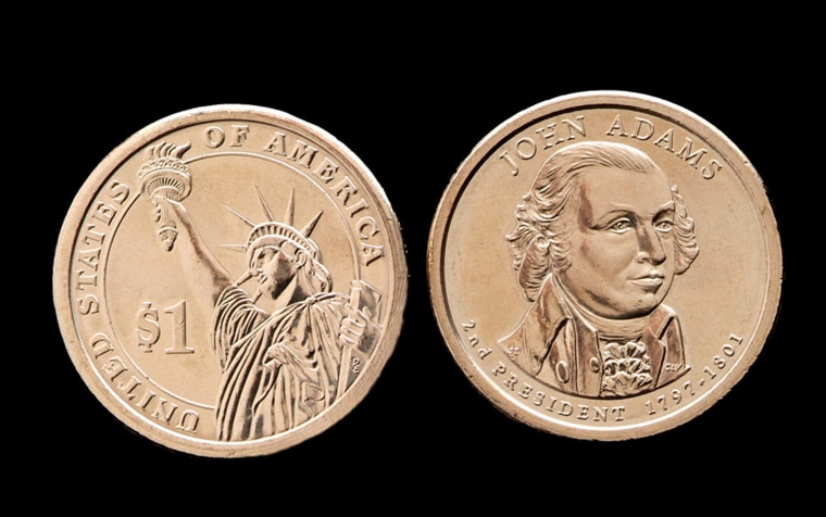 This undated photo provided by the U.S. Mint shows the front, right, and back of the President John Adams presidential $1 coin. The second dollar coin...