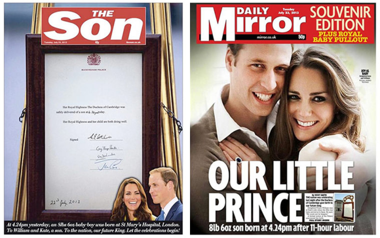 Royal baby headlines in Britain's Sun and Mirror newspapers