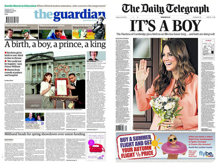 The Guardian and The Daily Telegraph newspapers cover the royal baby.