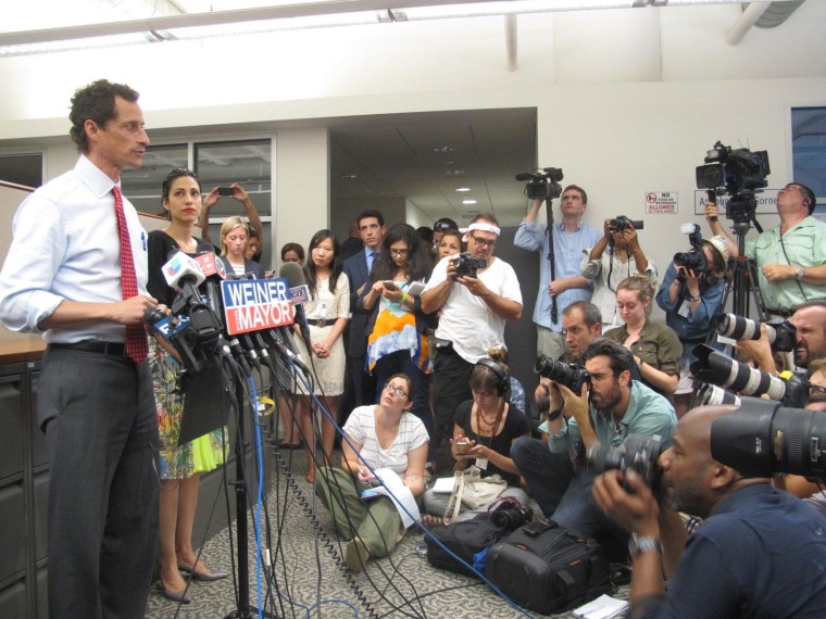 NYC mayoral candidate and former congressman Anthony Weiner speaks to reporters during a press conference this afternoon.