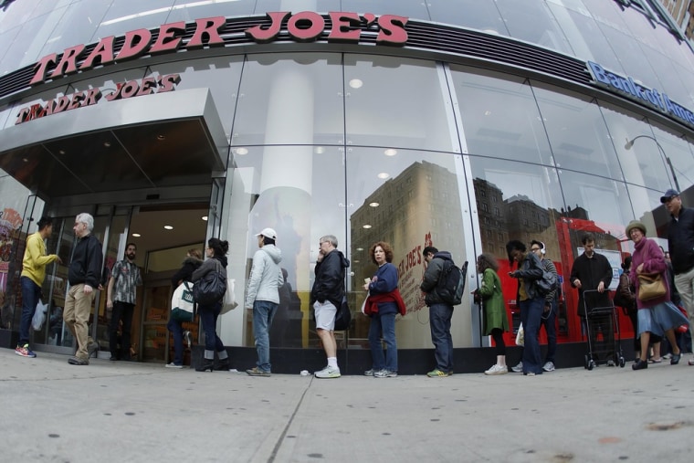 Shoppers line up to get into a Trader Joe's supermarket in New York October 28, 2012.