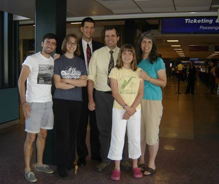 Stephen Ward (third from left) poses with his family six weeks ago in the Salt Lake Airport when Stephen Ward was leaving on his way to the missionary training center in Madrid.