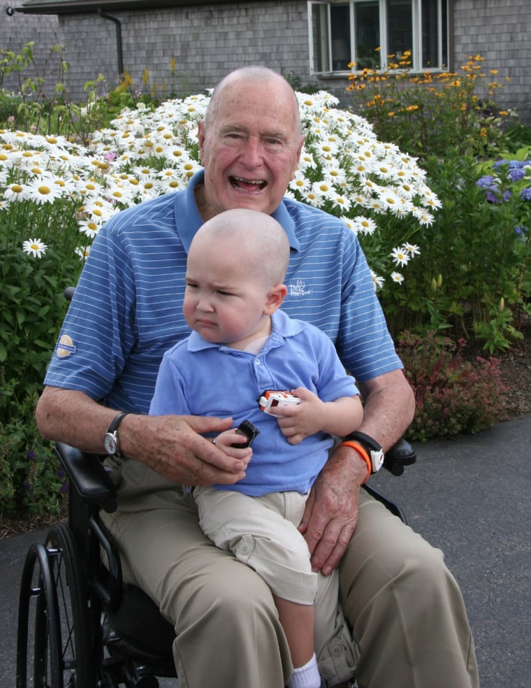 President George H.W. Bush and Patrick on July 24, 2013 after the former president shaved his head.