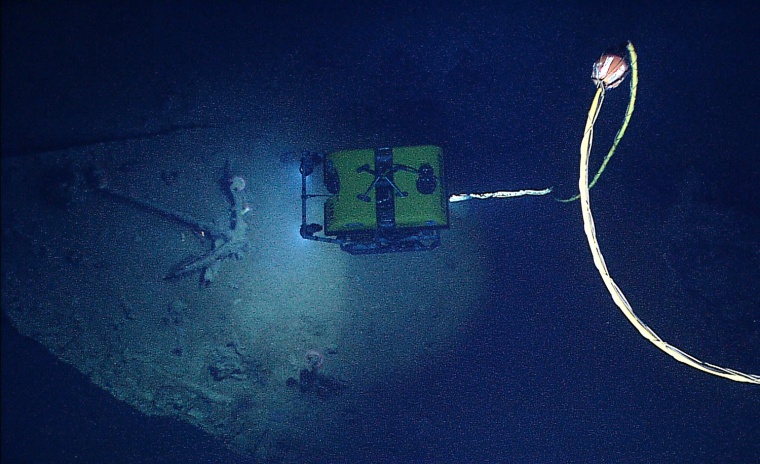 The Little Hercules remotely operated vehicle and an anchor inside the hull of a copper-sheathed shipwreck in the Gulf of Mexico about 170 miles off Galveston, Texas.