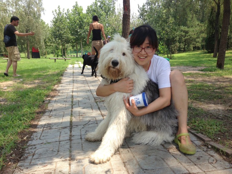 Yao Wang with her English sheepdog named