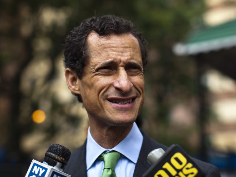 Former U.S. congressman from New York and current Democratic candidate for New York City Mayor Anthony Weiner stops to speak to the media outside after speaking to members of Brownsville Community Baptist Church in Brooklyn, New York on July 28.