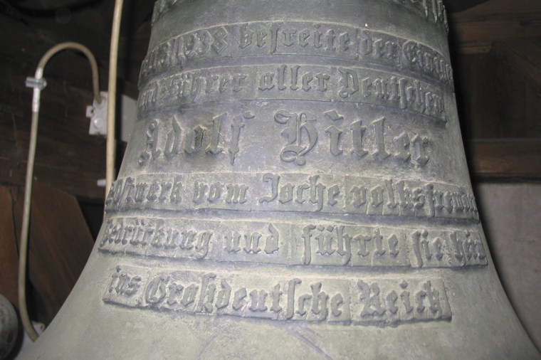 The bell, with Adolf Hitler's name on it, in the castle of Wolfpassing, Austria - in this 2004 file photo.