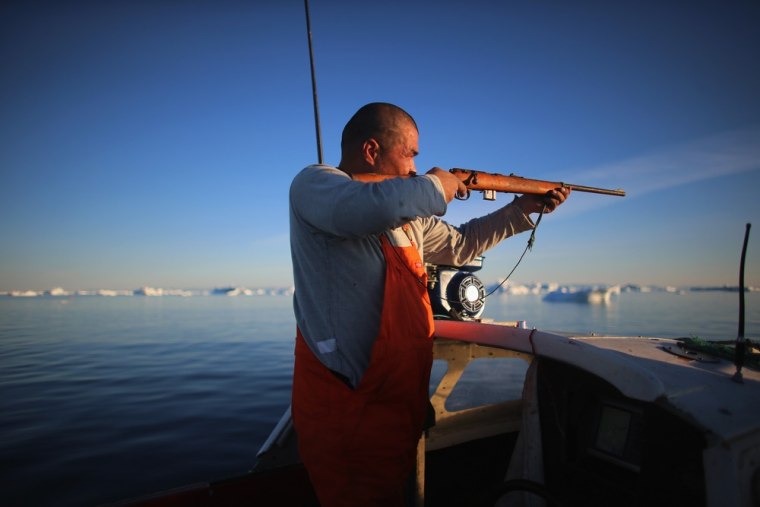 Fisherman, Inunnguaq Petersen, hunts for seal as he waits for fish to catch on the line he put out near icebergs that broke off from the Jakobshavn Glacier on July 22 in Ilulissat, Greenland.