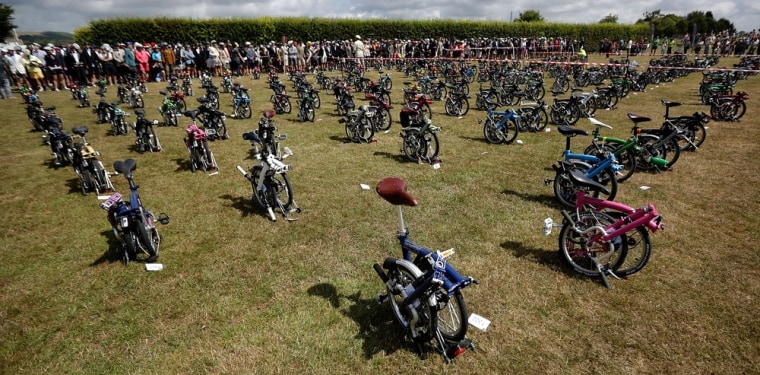 Bikes are lined up as a horn signals the start of the Brompton World Championship folding bike race on July 28 in Chichester, England.