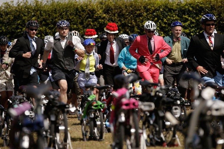 Competitors take to their bikes as a horn signals the start of the Brompton World Championship.
