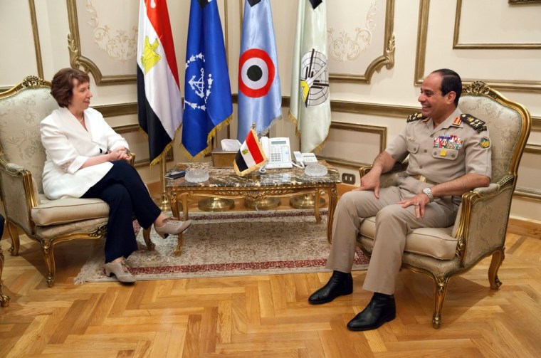 A handout photograph released by EU officials showing EU High Representative for Foreign Affairs and Security Policy Baroness Catherine Ashton meeting with Egyptian army chief Abded Fattah Sissi on Monday.