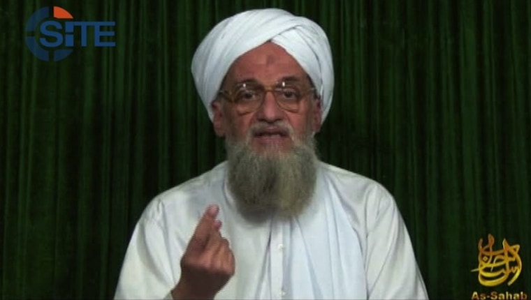 Al Qaeda leader Ayman al-Zawahri made his comments in an unverified video, from which this screengrab was provided by the SITE Intel Group, an American private terrorist threat analysis company.