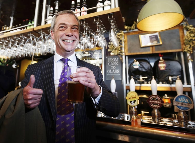 UKIP leader Nigel Farage in the Marquis of Granby pub near Britain's Westminster parliament.