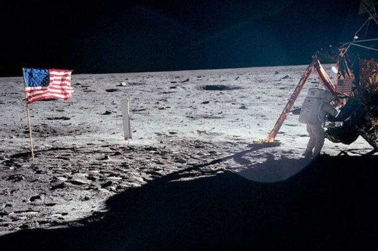 The only full-body photo of Neil Armstrong on the moon shows him working at the Apollo 11 lunar module