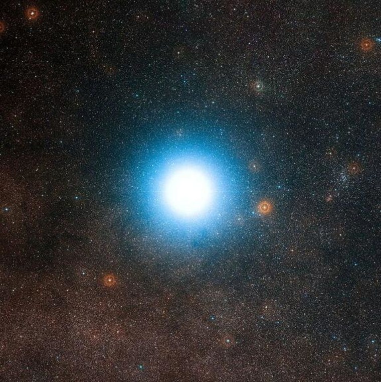 This wide-field view of the sky around the bright star Alpha Centauri was created from photographic images forming part of the Digitized Sky Survey 2. The star appears so big just because of the scattering of light by the telescope's optics as well as in the photographic emulsion. Alpha Centauri is the closest star system to the solar system.