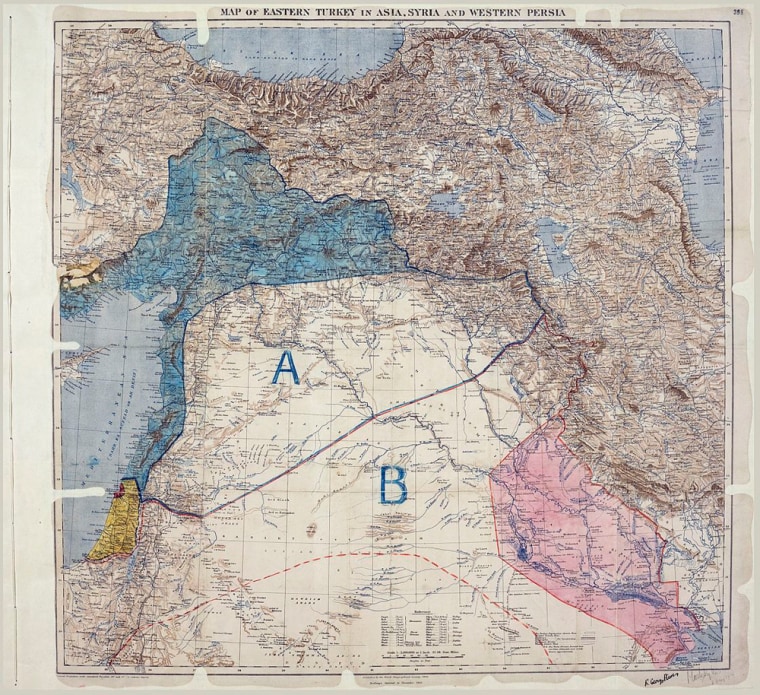 A map of the Middle East with annotations showing proposed administration, including British (B) and French (A) spheres of influence, independent Arab States, and the 'Sykes-Picot Line'. Signed: Sir Mark Sykes and Fr[ançois] Georges-Picot, 8 May 1916.