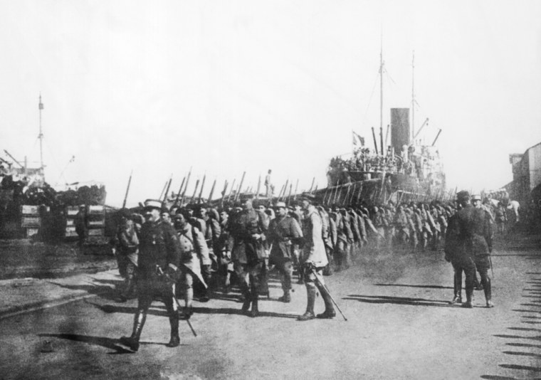 French soldiers entering Beirut, Lebanon, in 1919. Just after the First World War the Ottoman Empire, allies of the Germans, was dissolved. Following the 1916 Sykes-Picot agreement, Lebanon was placed under French mandate by the League of Nations in 1920.