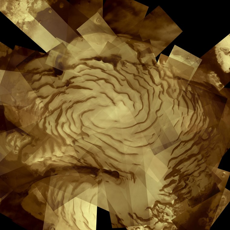 This mosaic view of Mars' north polar ice cap was created from 57 images captured by the High Resolution Stereo Camera on the European Space Agency's Mars Express orbiter. The ice cap spans approximately 620 miles (1,000 kilometers) and is seen here in polar stereographic projection.