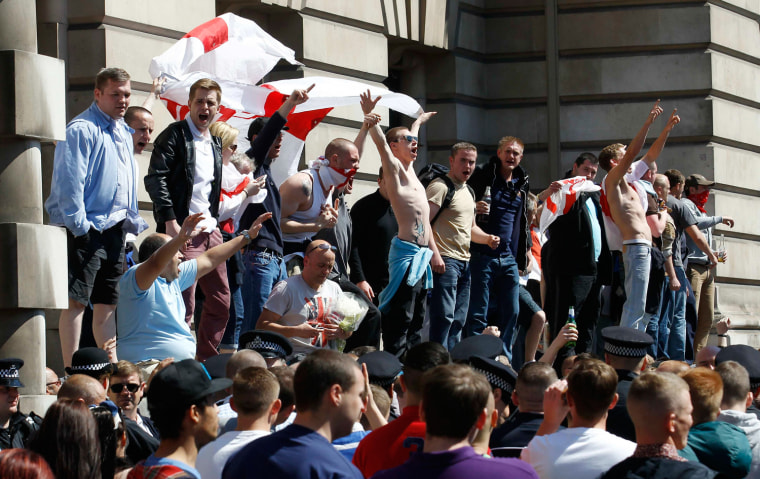 English Defence League demonstrators protest near a government building after the recent killing of British soldier Lee Rigby in London, May 27.