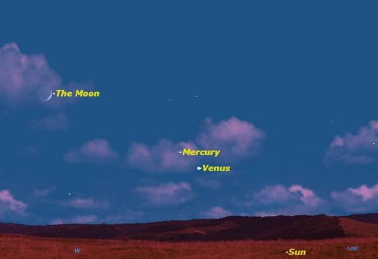 On June 12, next Wednesday, Mercury will be at its maximum elongation from the sun. A crescent moon and brilliant Venus will frame it, making it particularly easy to see.