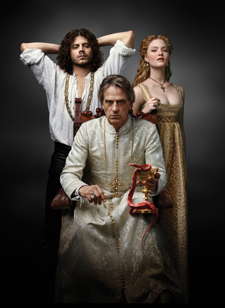 Francois Arnaud as Cesare Borgia, Jeremy Irons as Rodrigo Borgia, and Holliday Grainger as Lucrezia Borgia in The Borgias