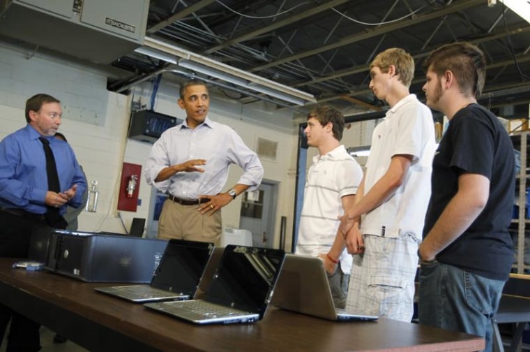 U.S. President Barack Obama speaks with students in the computer lab at Bluestone High School in Skipwith, Virginia, October 18, 2011. REUTERS/Jason R...