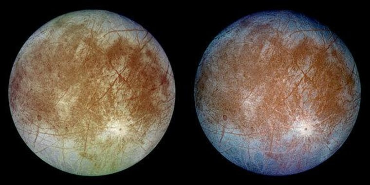 These images show the trailing hemisphere of Jupiter's moon Europa taken by the Galileo spacecraft. The left image shows Europa in approximately true color and the right image shows Europa in enhanced color to bring out details. The bright feature toward the lower right of the disk is the crater Pwyll.