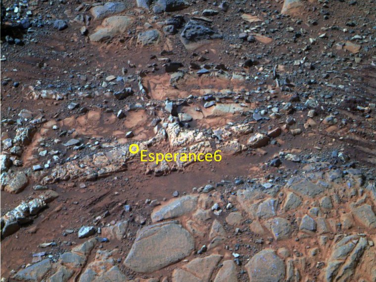NASA's Opportunity rover analyzed the composition of a rock called Esperance, highlighted in this Feb. 23 image, and scientists determined that the minerals found there were probably formed through interaction with neutral-pH water. That comes in contrast to previous evidence from Opportunity pointing to acidic water on ancient Mars.