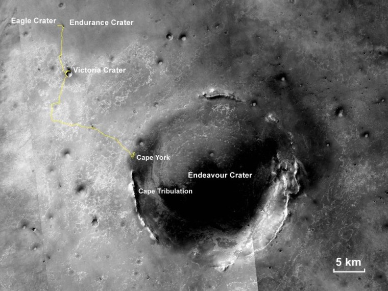 This mosaic of images from NASA's Mars Reconnaissance Orbiter traces the route taken by the Opportunity rover since its landing in 2004. The rover is currently at Cape York and is due to head for a spot called Solander Point, at the northern tip of Cape Tribulation on the rim of Endeavour Crater. Solander Point is more than 1.2 miles (2 kilometers) away, but mission managers expect the rover to complete the trip by August, around the time of Mars' southern autumnal equinox.