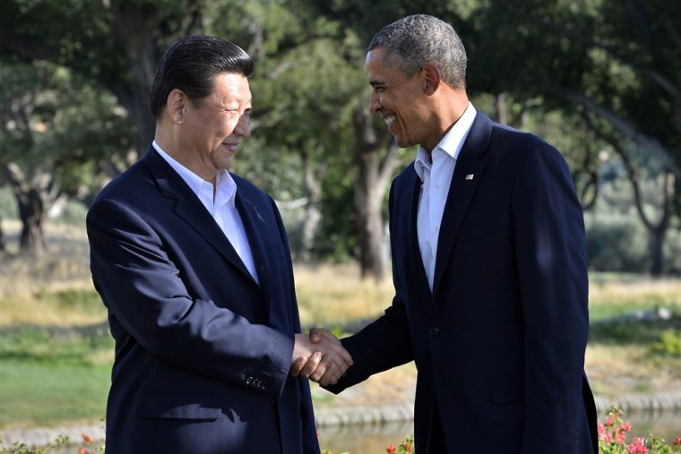 President Barack Obama shakes hands with Chinese President Xi Jinping before their meeting Friday, June 7, in Rancho Mirage, Calif.