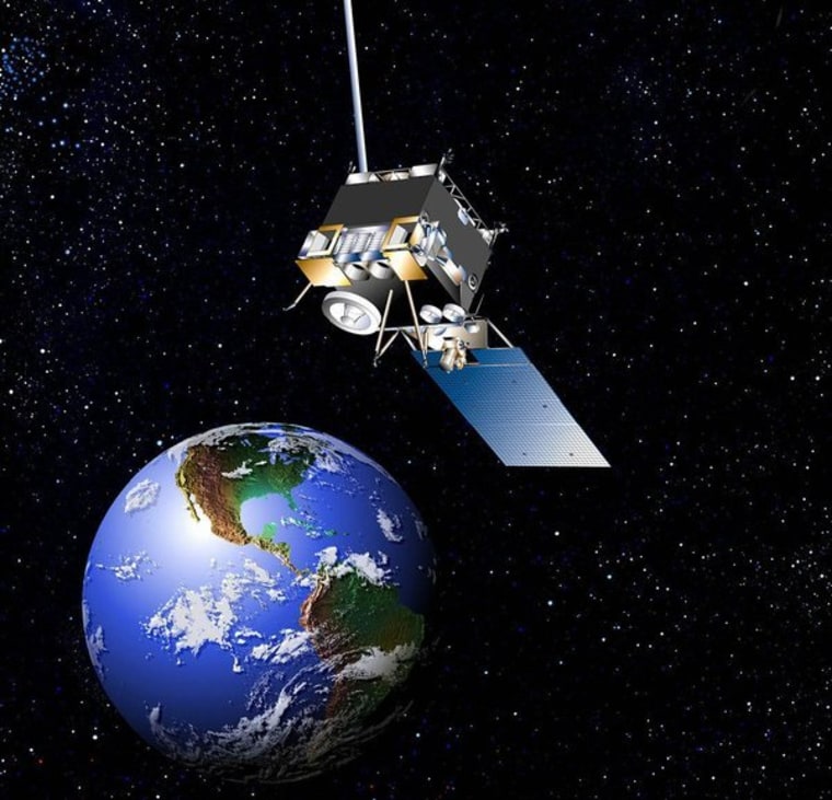 This artist conception shows the GOES-East satellite. A tiny space rock hit the weather satellite in May, putting it out of service for the second time in less than a year. It was returned to normal operations on June 6.